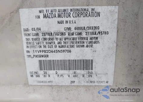 2004 Mazda Mazda6 S z USA, uszkodzony, nr VIN 1YVFP82D645N59706